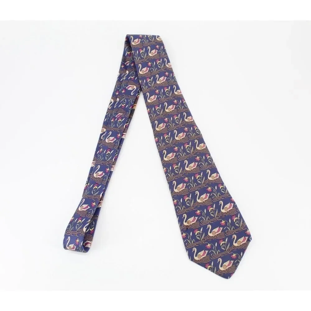 Hermès Swan Tie Mens Blue 100% Silk Made In France Novelty Animal Print